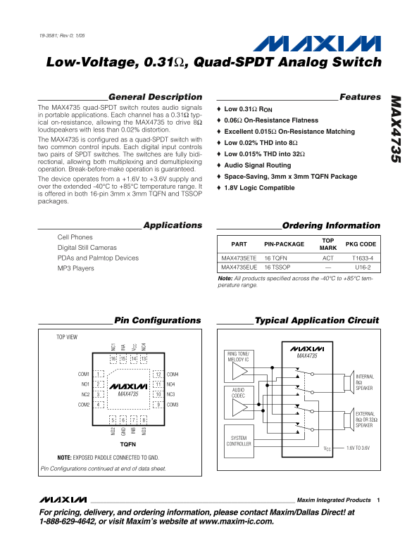 MAXIM MAX4735 Low-Voltage Quad-SPDT Analog Switch Datasheet - Page 1