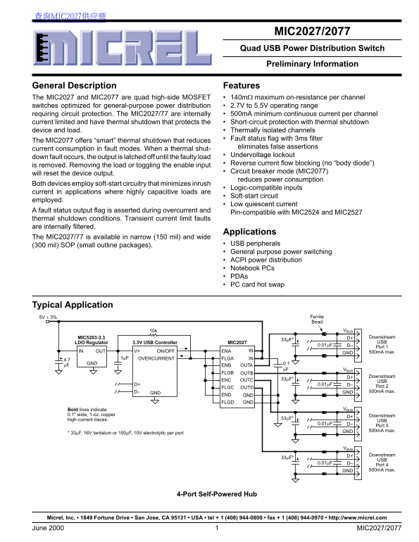 Micrel MIC2027 2077 Quad USB Power Distribution Switch Data Sheet - Page 1