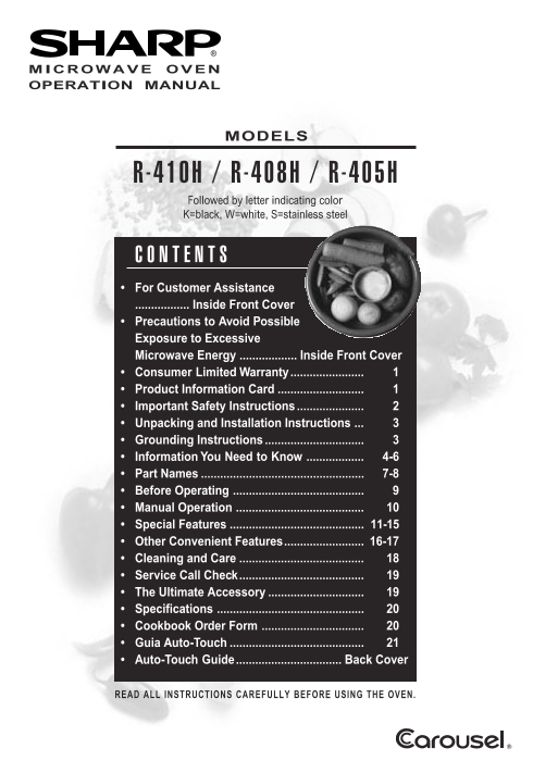 SHARP Microwave Operation Manual for R-405H, R-408H, and R-410H - Page 1