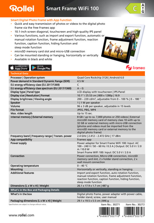 Rollei Smart Frame WiFi 100 Data Sheet (EN) - Page 1