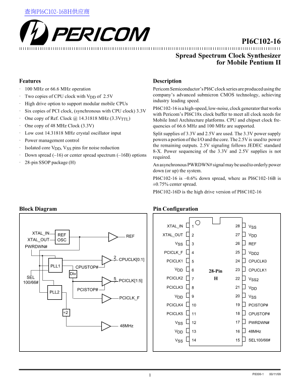 PERICOM PI6C102-16 Spread Spectrum Clock Synthesizer for Mobile Pentium II User Manual - Page 1