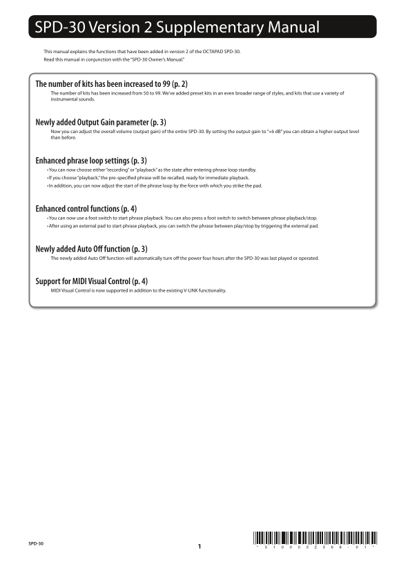 Roland OCTAPAD SPD-30 Version 2 Drum Pad - English User Guide Supplementary Manual - Page 1