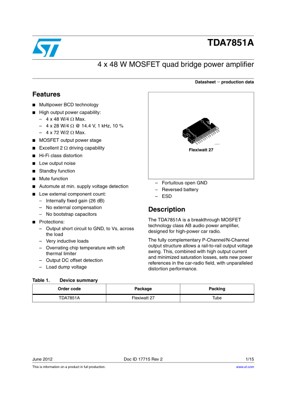 ST TDA7851A 4 x 48 W MOSFET quad bridge power amplifier Data Sheet - Page 1