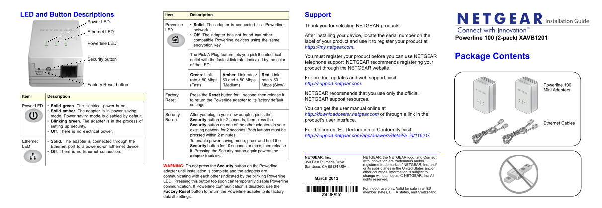 Netgear XAV1201 - 200 Mbps Powerline Ethernet Adapter Installation Guide - Page 1