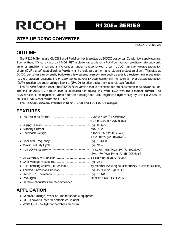 Step-Up DC-DC Converter for RICOH R1205x SERIES User's Guide Technical Document - Page 1