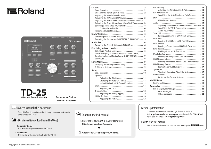 Roland TD-25 Electronic Drum Sound Module TD-25 Parameter Guide (Version 1.10 support) - Page 1