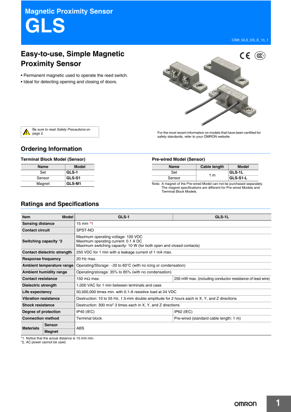 OMRON Sensor Magnetic Type GLS GLS Data Sheet - Page 1