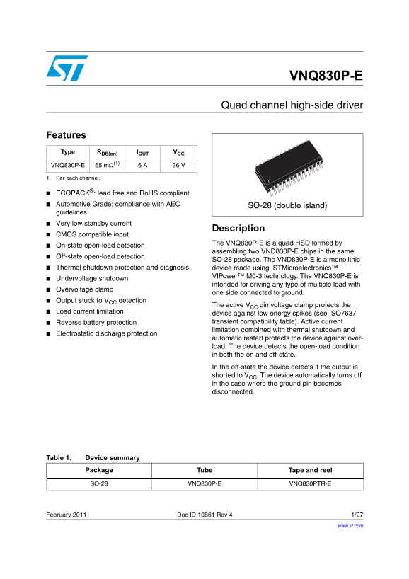 ST VNQ830P-E Quad channel high-side driver Data Sheet User Manual - Page 1