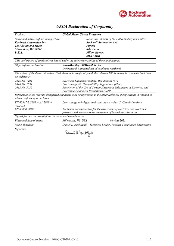 Rockwell Automation 140 MG-M Series Global Motor Circuit Protectors - UKCA DoC - Page 1