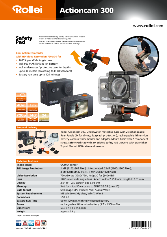 Rollei Actioncam 300 Data Sheet (EN) - Page 1