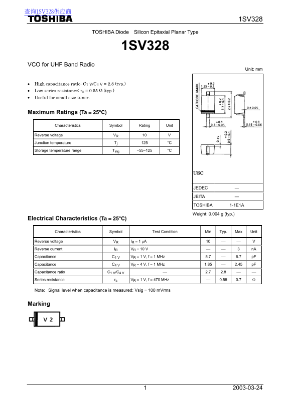 Toshiba TOSHIBA Diode Silicon Epitaxial Planar Type 1SV328 Data Sheet - Page 1