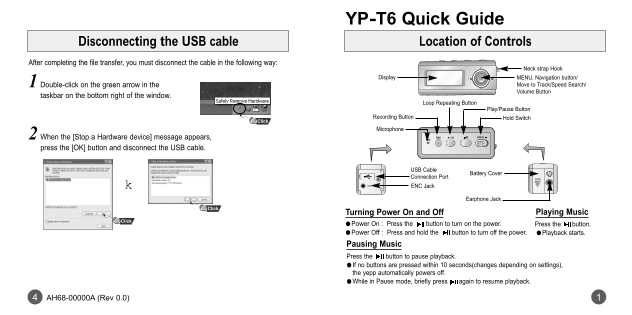 Samsung YP-T6AH Quick User Guide - Page 1