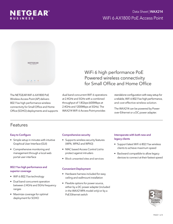 Netgear WAX214 - WiFi 6 AX1800 PoE Wireless Access Point Product Data Sheet - Page 1