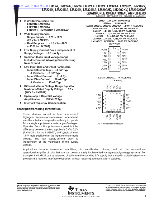 Texas Instruments LM124, LM124A, LM224, LM224A LM324, LM324A, LM324Y, LM2902, LM2902Q QUADRUPLE OPERATIONAL AMPLIFIERS Data Sheet User Manual - Page 1