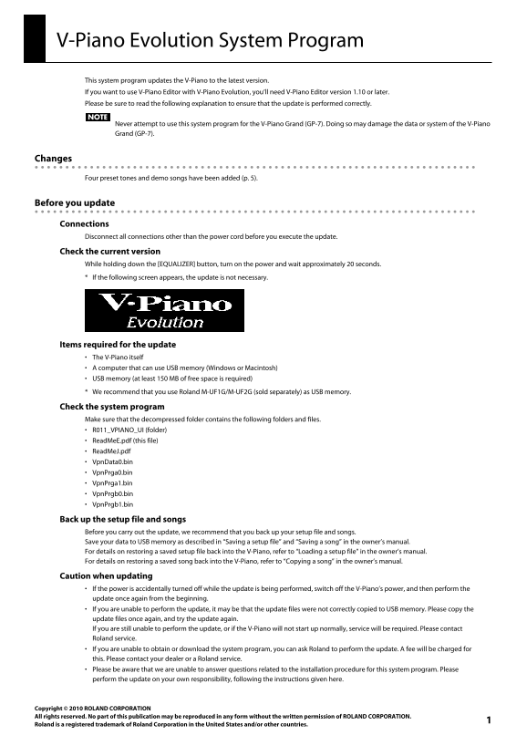Roland V-Piano Addendum User's Manual - Page 1