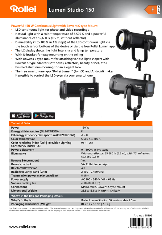 Rollei Lumen Studio 150 - LED Steady Light Data Sheet (EN) - Page 1