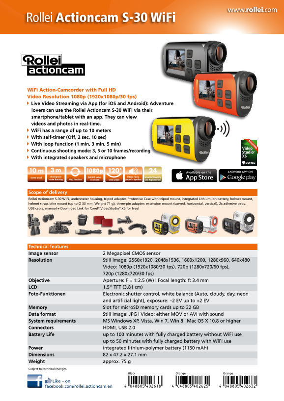 Rollei Actioncam S30 WiFi Data Sheet (EN) - Page 1