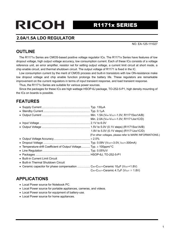 RICOH R1171x SERIES 2.0A 1.5A LDO REGULATOR Data Manual - Page 1