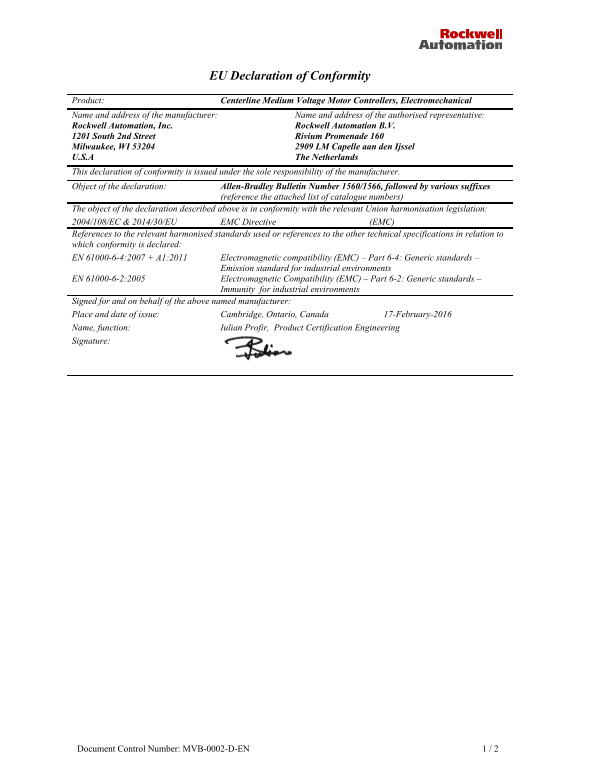 Rockwell Automation 1560 1566 Centerline Medium Voltage Motor Controllers - CE DoC - Page 1