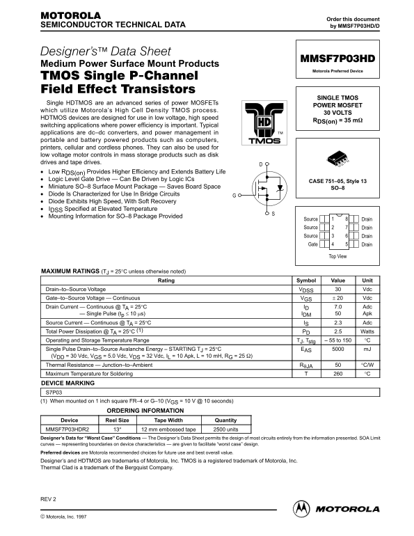 MOTOROLA MMSF7P03HD Data Sheet - Page 1
