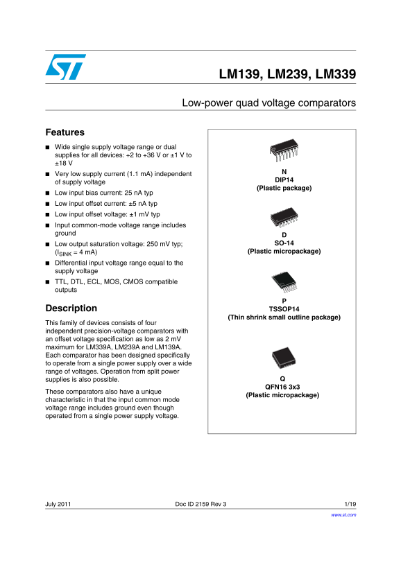 ST LM139, LM239, LM339 Low-power quad voltage comparators - Page 1