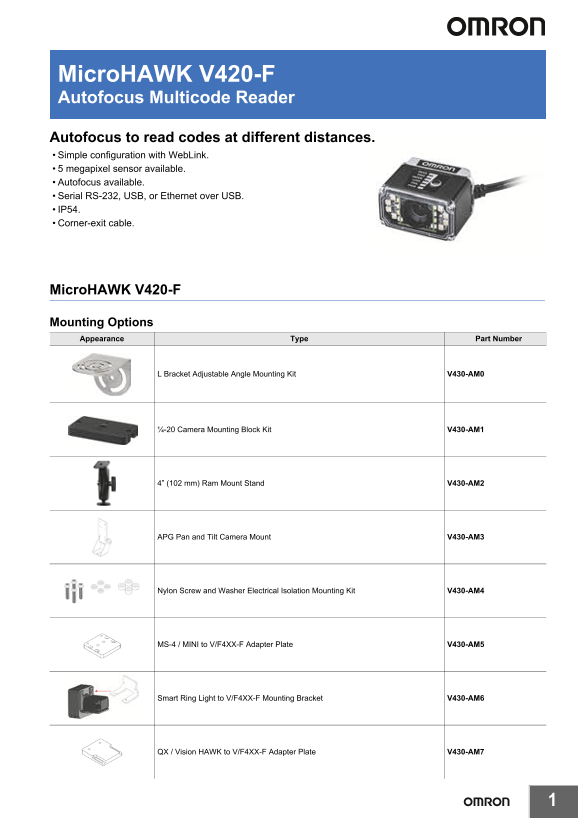 OMRON Sensor Auto-Focus Multi-Function Barcode Reader MicroHAWK V430-F V420-F Series MicroHAWK V420-F Data Sheet - Page 1