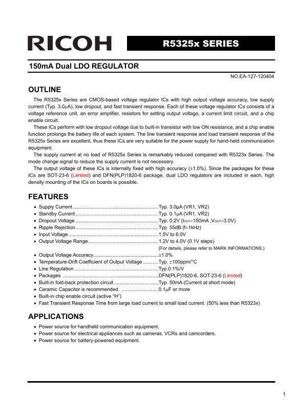RICOH R5325x SERIES 150mA Dual LDO REGULATOR Data Sheet User Manual - Page 1