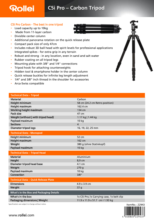 Rollei Tripod C5i Pro & C6i Pro Data Sheet - C5i Pro (EN) - Page 1