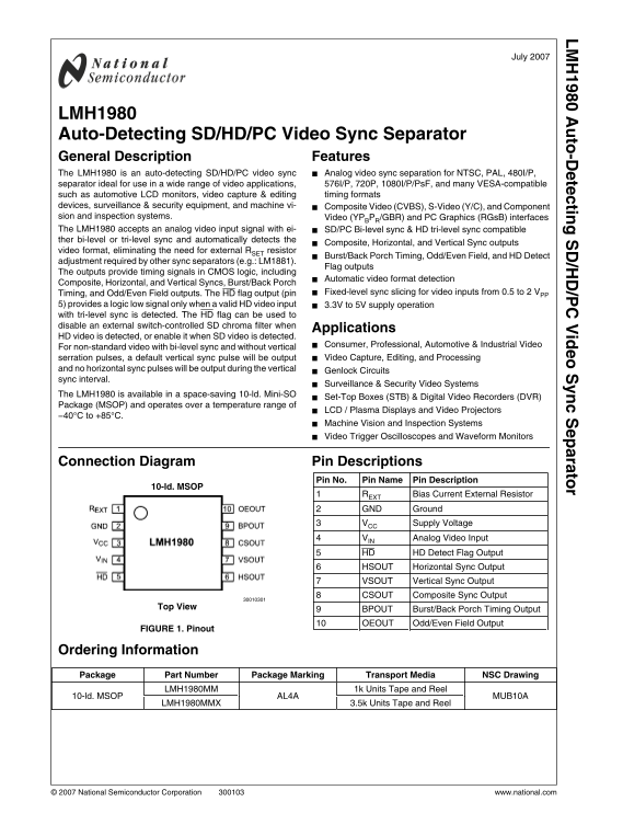 National Semiconductor LMH1980 Data Handbook - Page 1