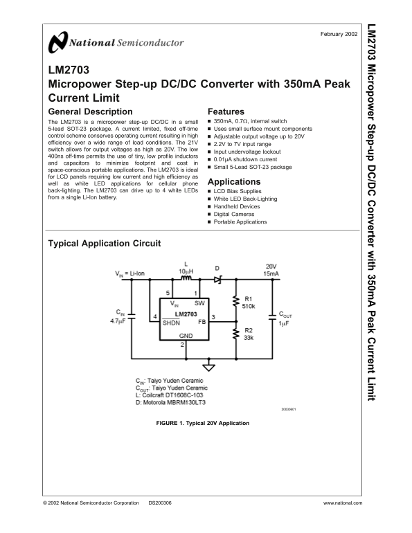 National Semiconductor LM2703 Micropower Step-up DC-DC Converter with 350mA Peak Current Limit - Page 1