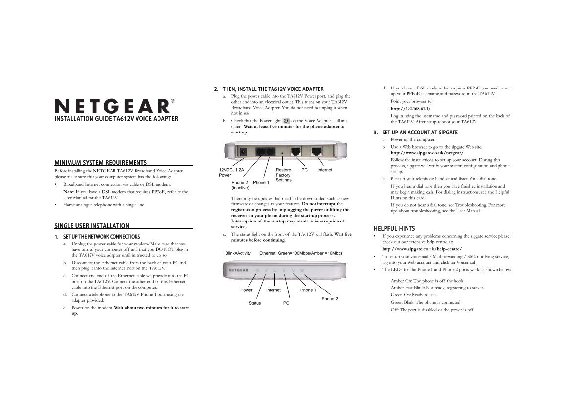 NETGEAR TA612V Installation Guide - Page 1