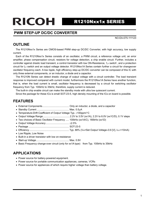 RICOH R1210Nxx1x SERIES PWM STEP-UP DC DC CONVERTER - Page 1