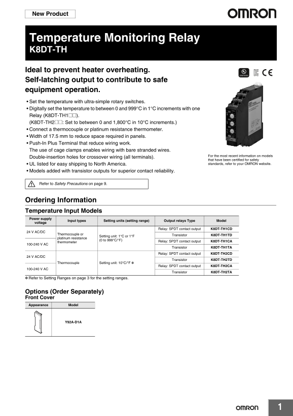 OMRON Power Other Temperature Alarm K8DT-TH K8DT-TH Data Sheet - Page 1