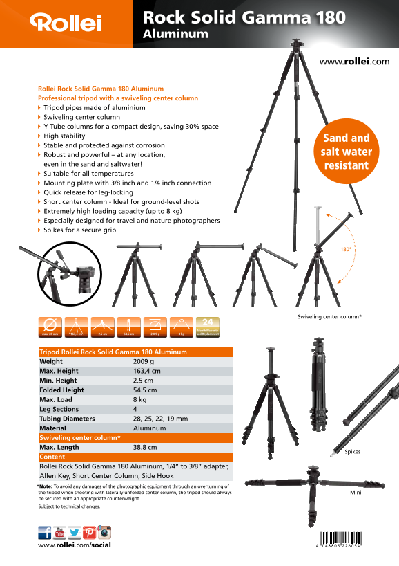 Rollei Tripod Rock Solid Gamma 180 Data Sheet Alu (EN) - Page 1