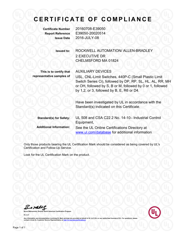 Rockwell Automation 440P-C 22mm Plastic Safety Limit Switches - UL CoC - Page 1