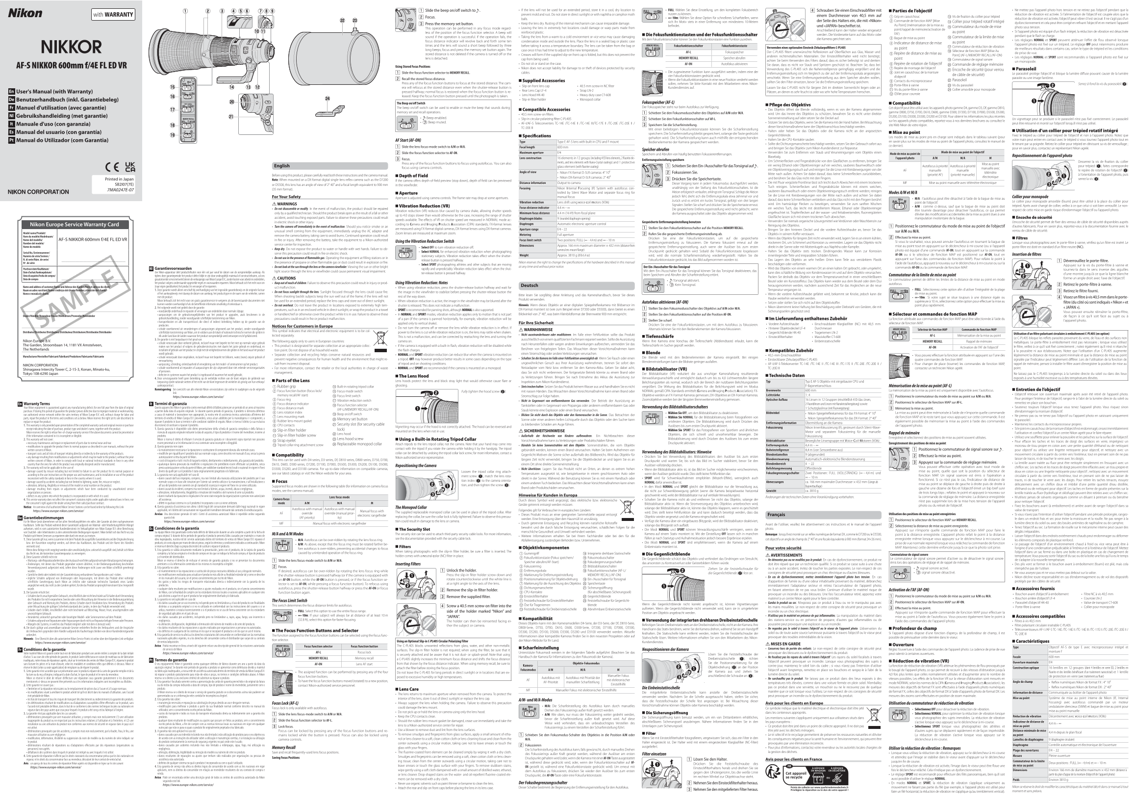 Nikon NIKKOR F Mount Lenses Telephoto Lenses AF-S NIKKOR 600mm f4E FL ED VR User's Manual English (for Customers in Europe) - Page 1