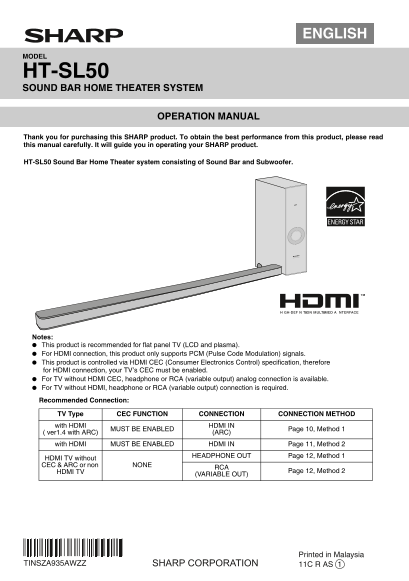 SHARP HT-SL50 Operation Manual - Page 1