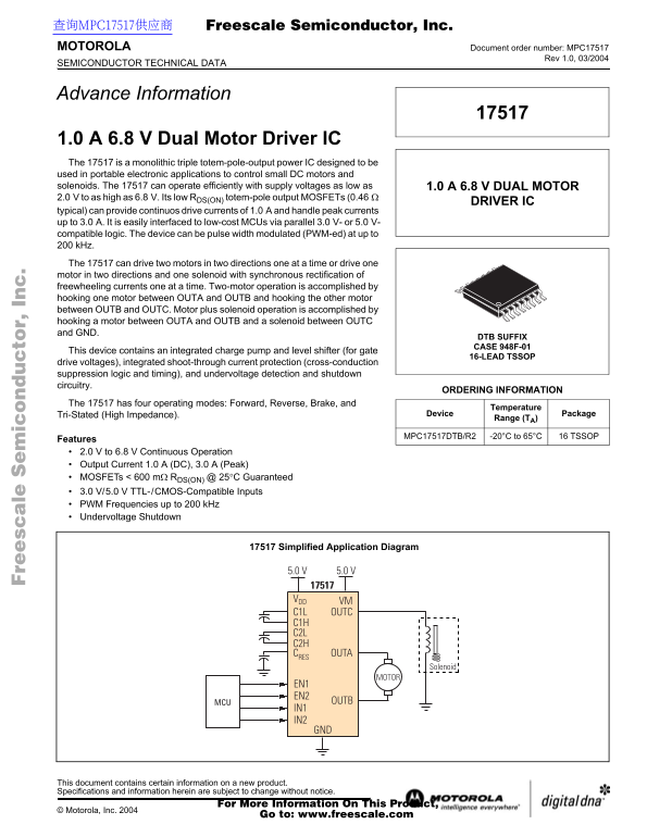 Motorola 17517 1.0A 6.8V Dual Motor Driver IC Data Sheet User Manual - Page 1