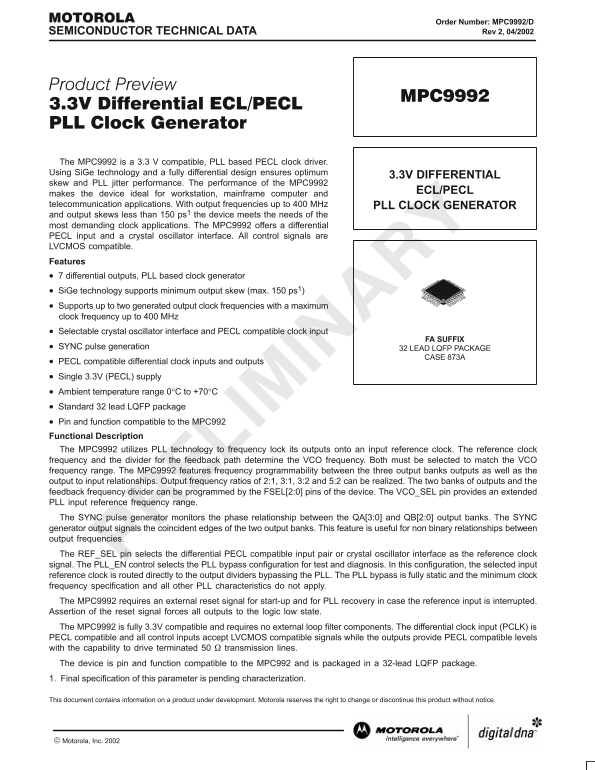 MOTOROLA MPC9992 Data Sheet - Page 1