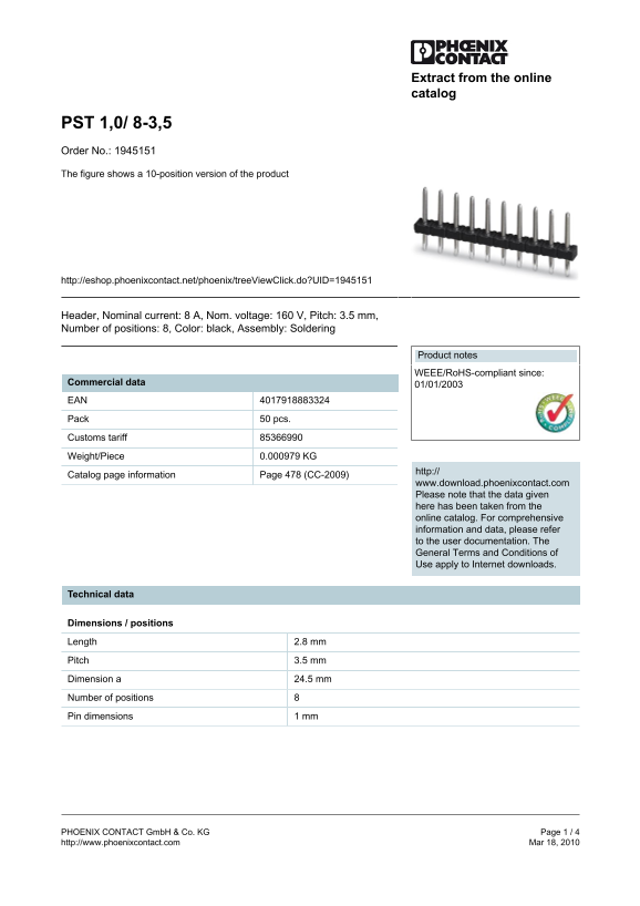 Phoenix Contact - PST 1,0 8-3,5 Data Handbook - Page 1