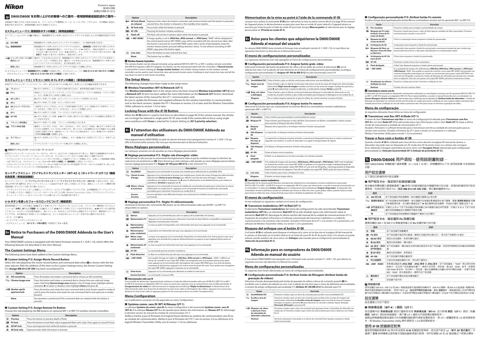 Nikon Digital SLR Camera D800 Firmware Update Supplementary Manual D800FirmUp110_NT(BB_DL)01 - Page 1
