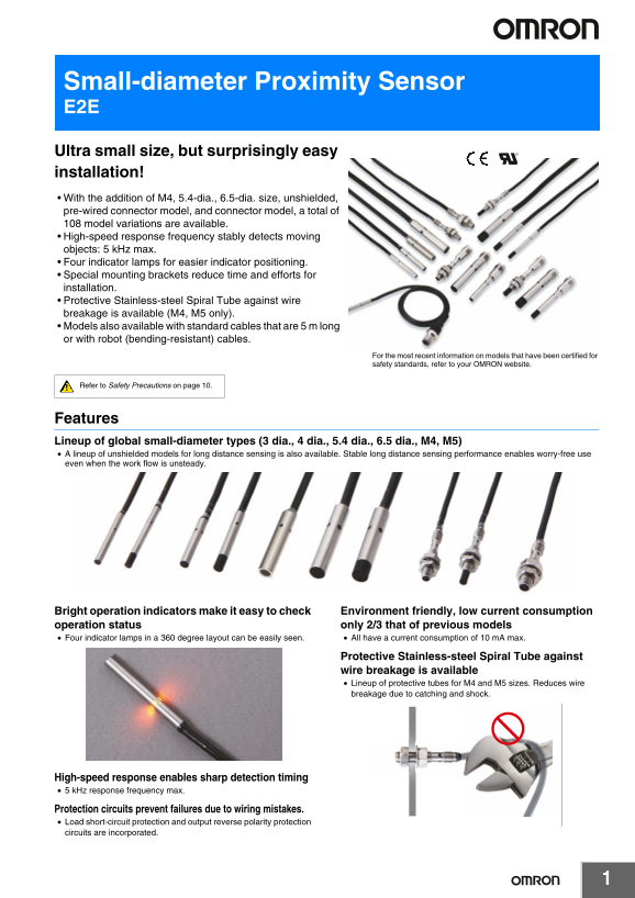 OMRON Small Proximity Sensor E2E Data Sheet - Page 1