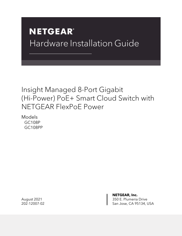 Netgear GC108P - 8-Port Gigabit Ethernet PoE+ Insight Smart Cloud Switch with FlexPoE Power (64W) Hardware Installation Guide - Page 1