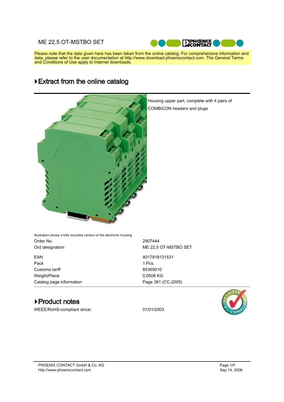 Phoenix Contact ME 22.5 OT-MSTBO Set Data Sheet User Manual - Page 1