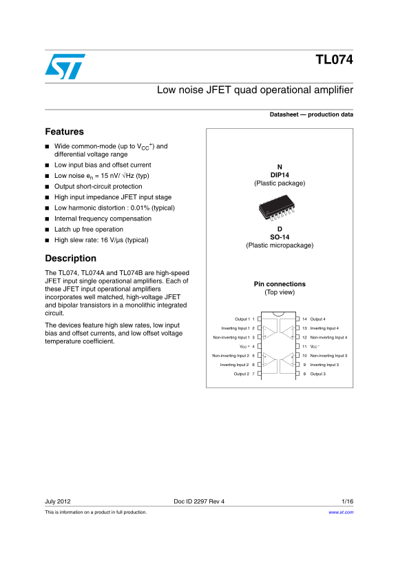 ST TL074 Low noise JFET quad operational amplifier Data Handbook - Page 1