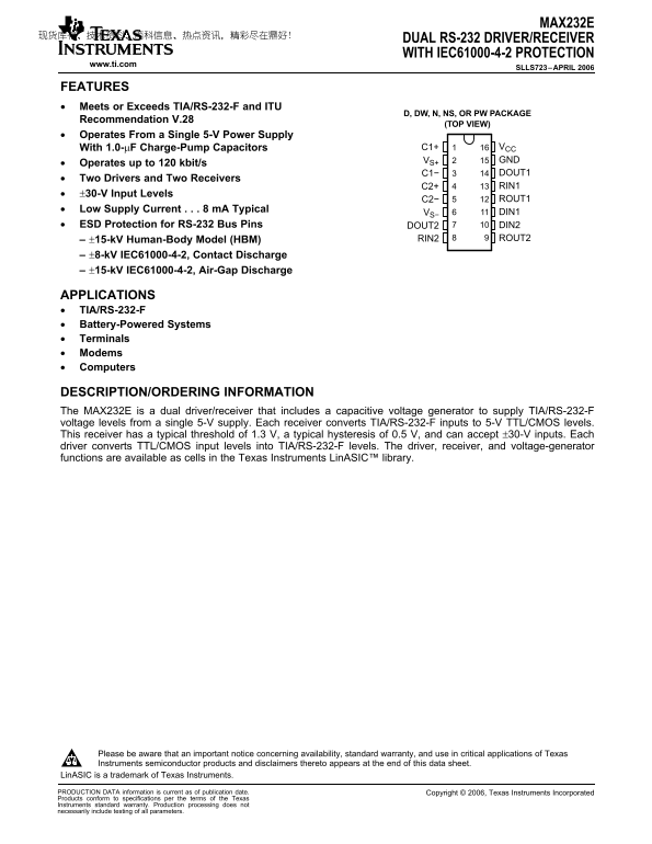 Texas Instruments MAX232E Dual RS-232 Driver/Receiver with IEC61000-4-2 Protection Data Sheet, Owner's Manual - Page 1