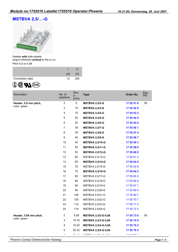 Phoenix CONTACT Module no 1755516 LabelId 1755516 Operator Manual MSTBVA 2,5  …-G User Guide Data Sheet - Page 1