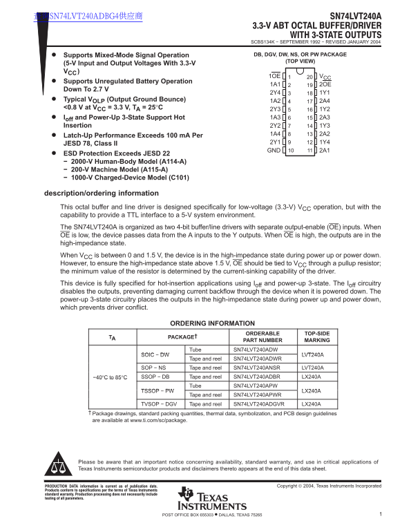 Texas Instruments SN74LVT240A Data Handbook / Specifications Guide - Page 1