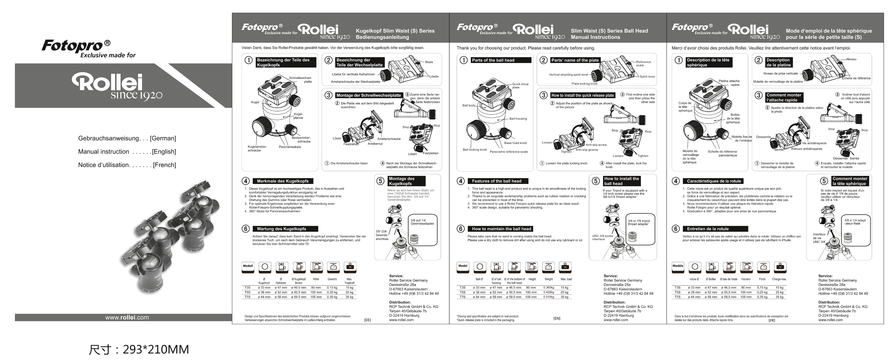 Rollei Panoramic Ball Head T3S Operation Manual (DE, EN, FR) - Page 1