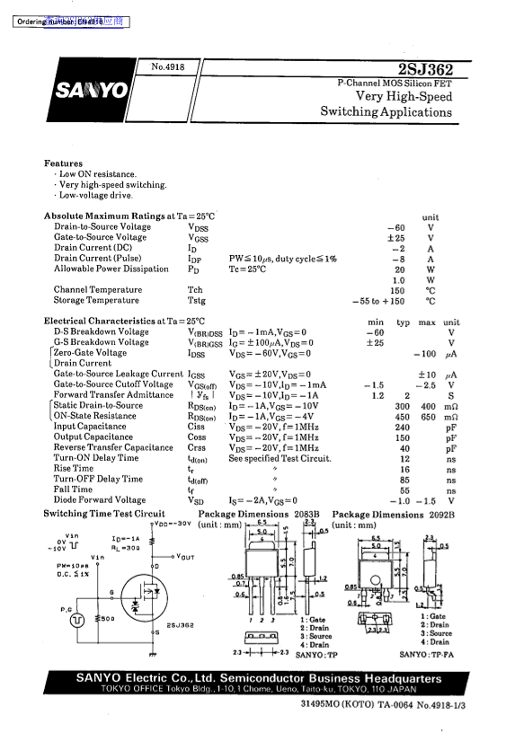 SANYO 2SJ362 datasheet - Page 1